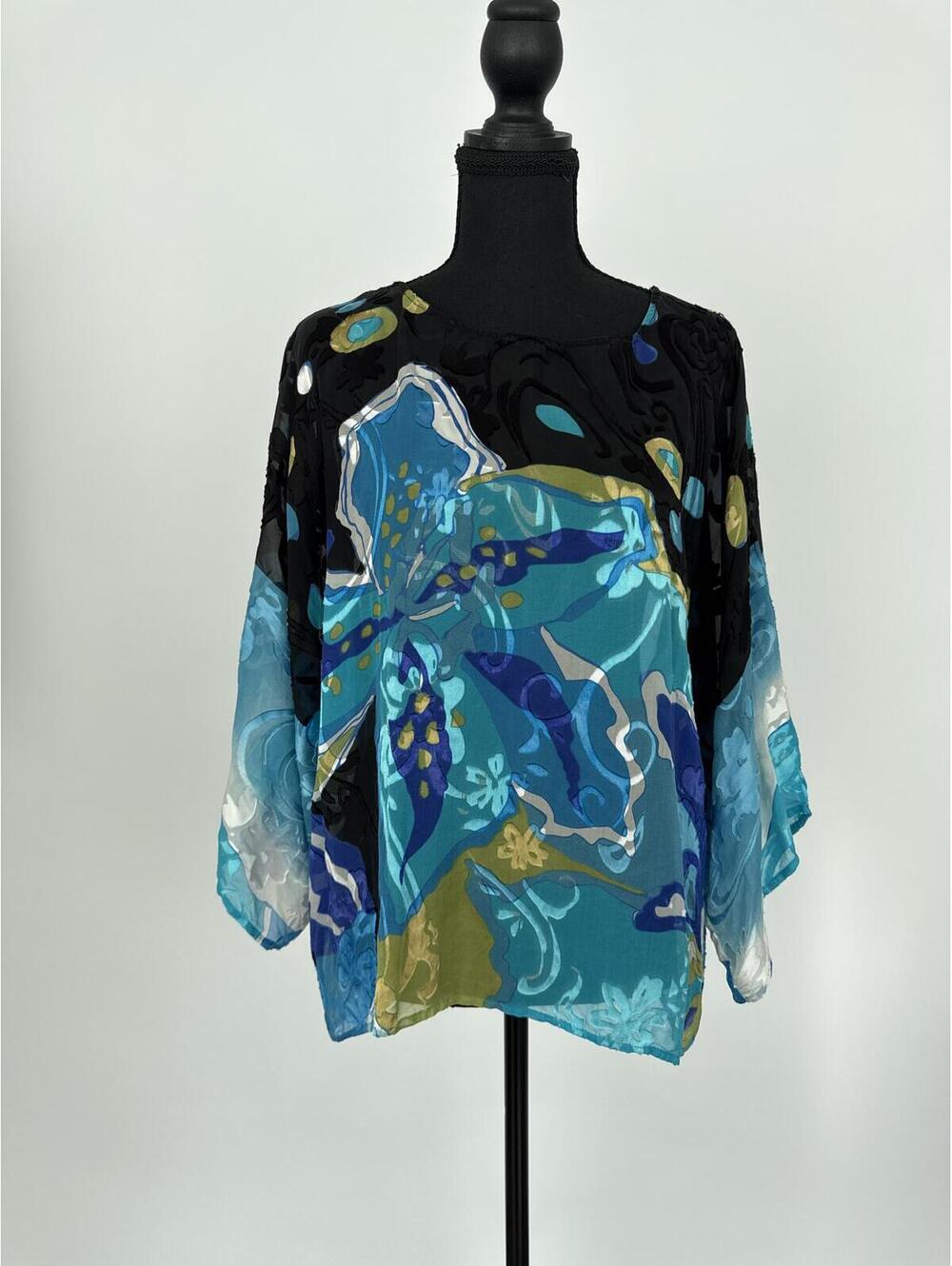 Chico’s Silk Blend Blouse Size 1 Abstract Print Sheer Top Blue Black